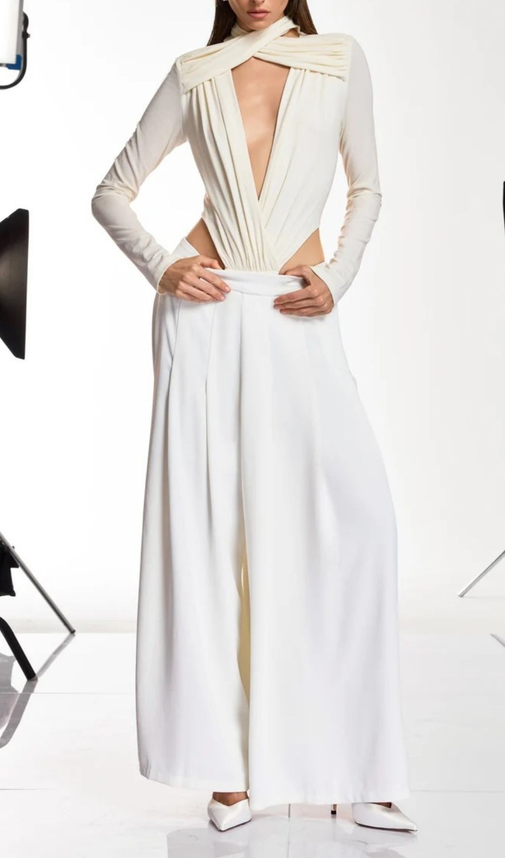 Dangela Luxe Draped Deep V Long Sleeve Bodysuit