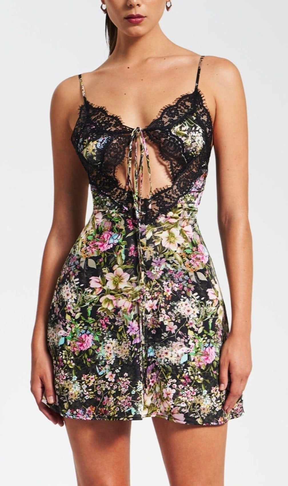 Floral Print Satin Mini Dress With Lace Trim