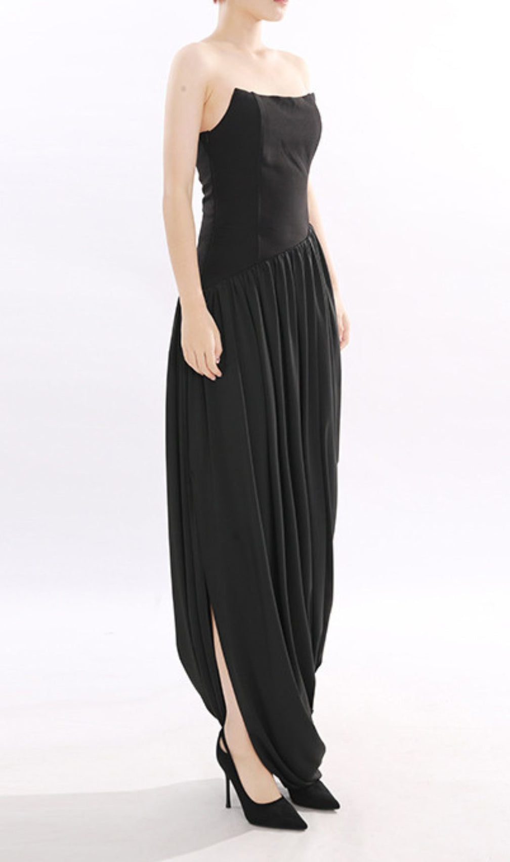 Jethra Black Strapless Asymmetrical Maxi Dress - Elegant Sweetheart Formal Gown