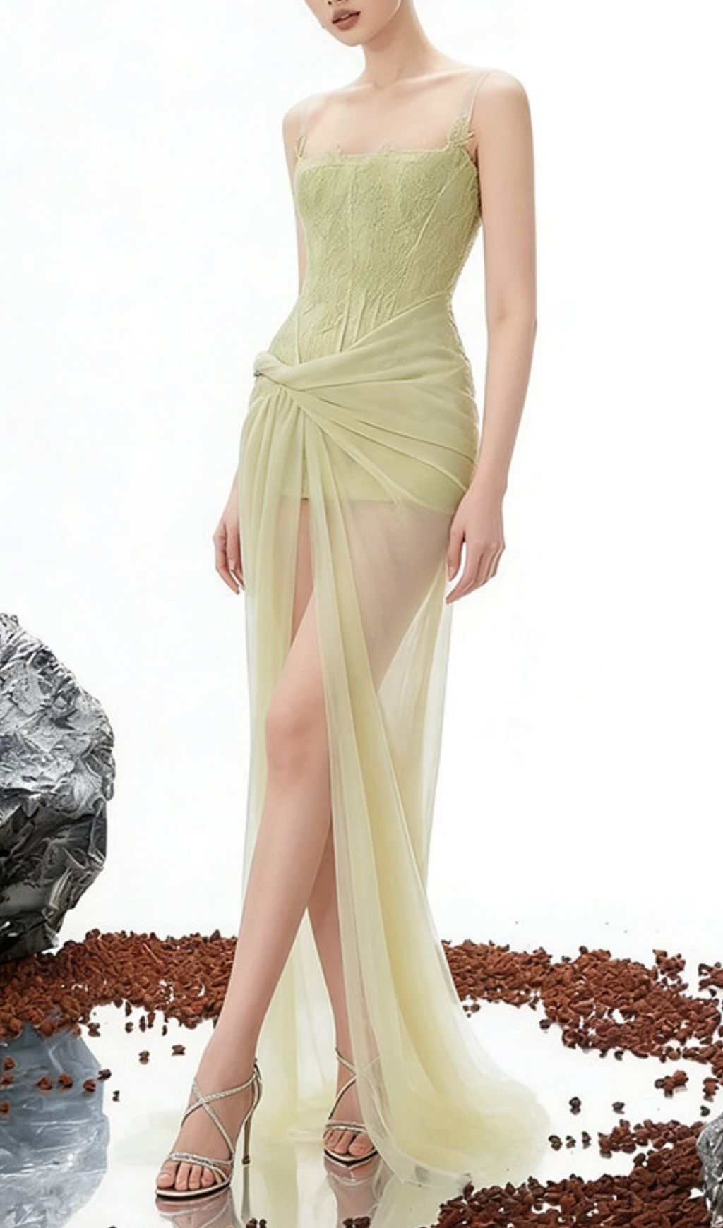 Karena Glamorous Sage Green Lace Corset Maxi Gown with Sheer Slit