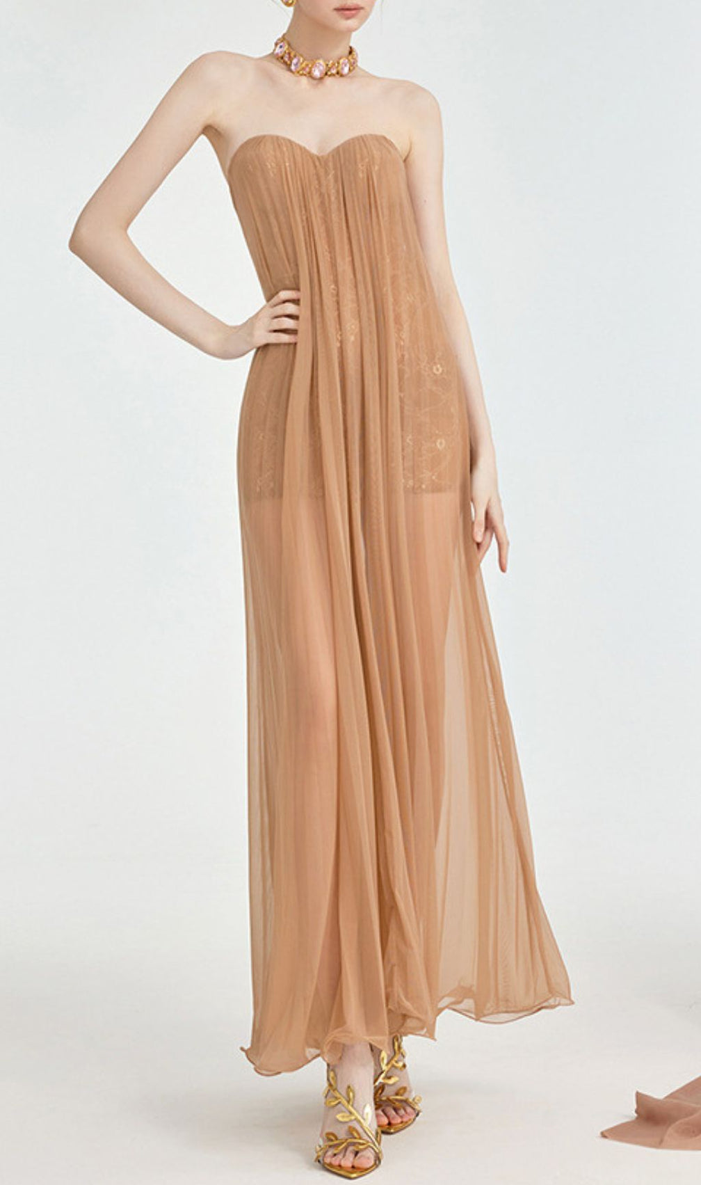 Fintan Strapless Mesh Lace Maxi Dress