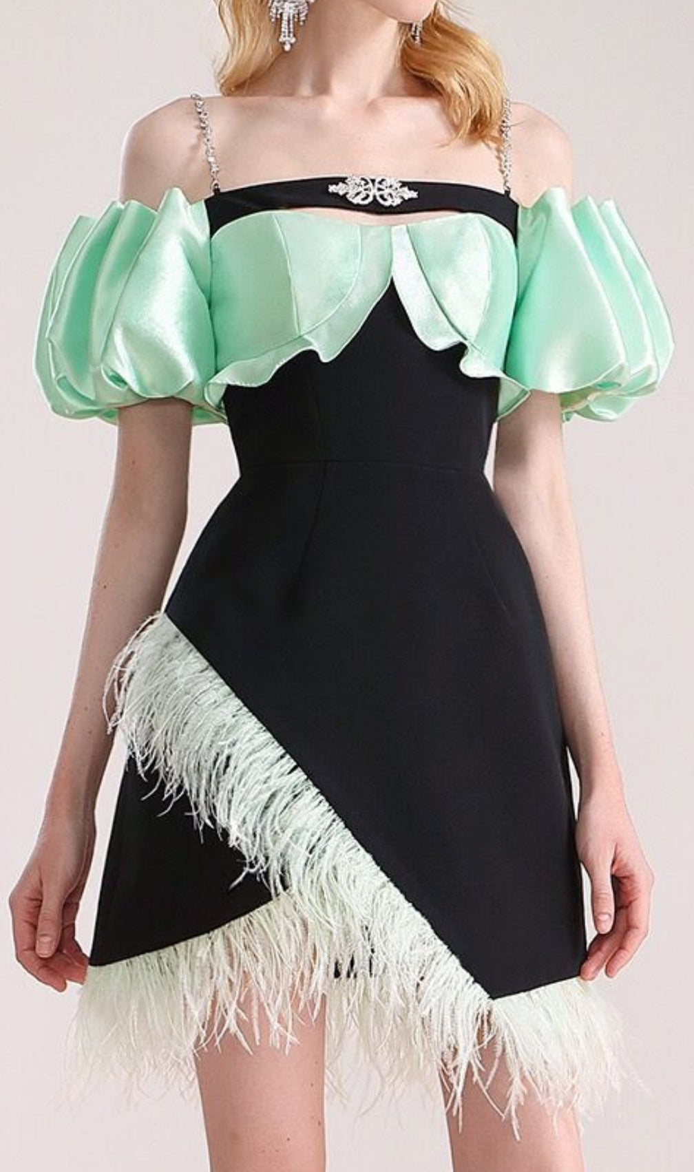 Cielo Black Off-Shoulder Feather Mini Dress