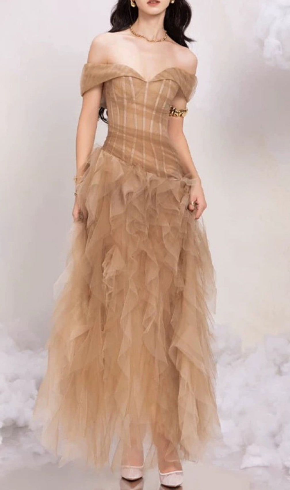 Ersa Off-Shoulder Corset Mesh Maxi Dress