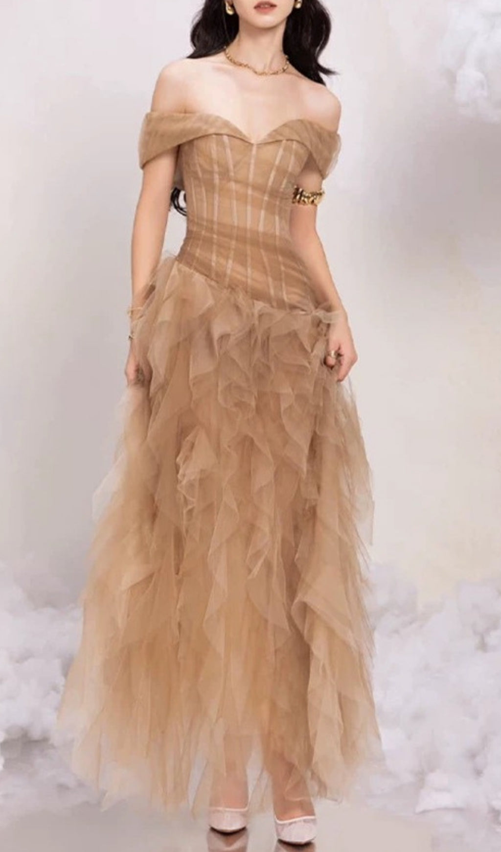 Ersa Off-Shoulder Corset Mesh Maxi Dress