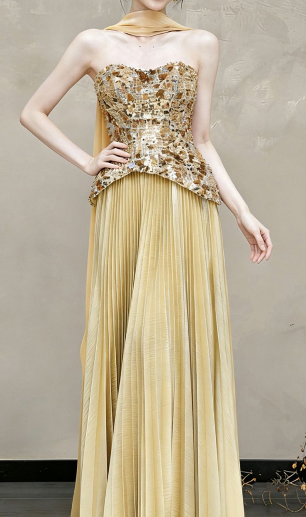 Kriti Gold Strapless Pleated Maxi Dress