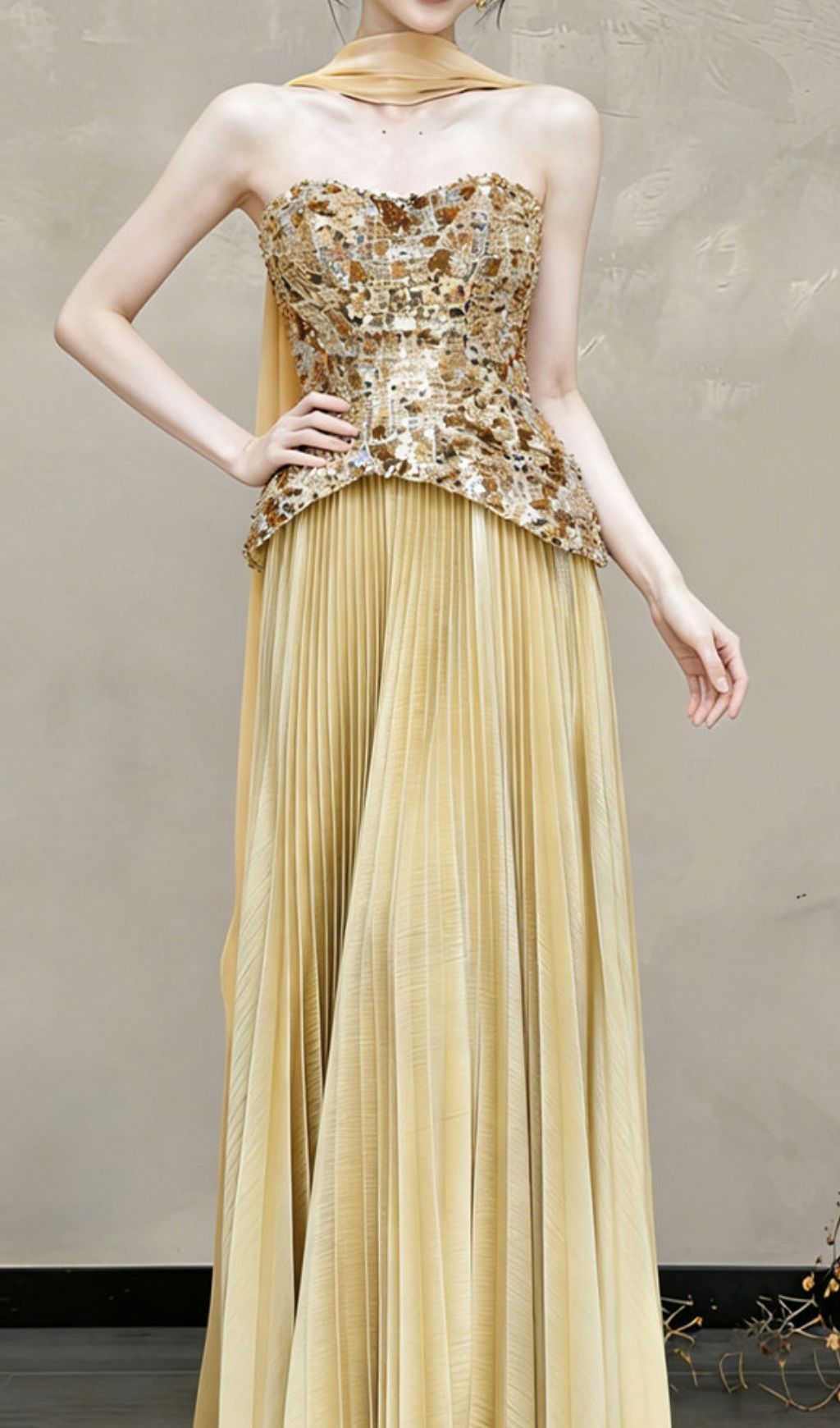 Kriti Gold Strapless Pleated Maxi Dress