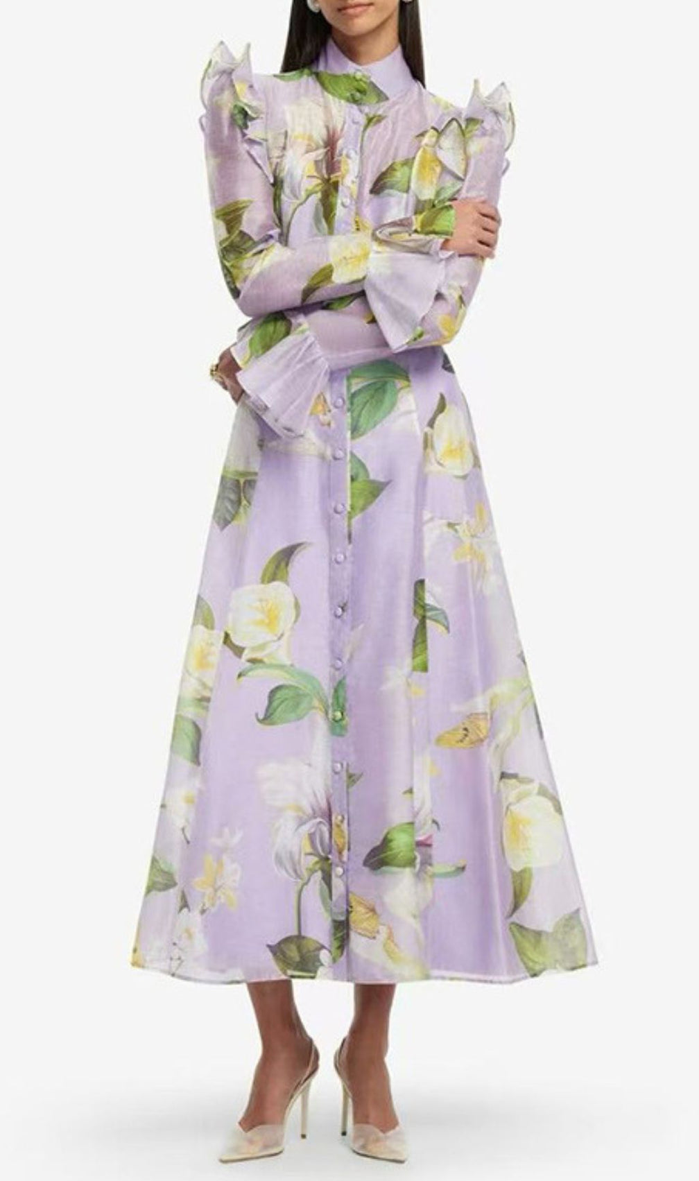 Isolda Lavender Floral Ruffled Midi Dress – Elegant Long Sleeve Button-Down