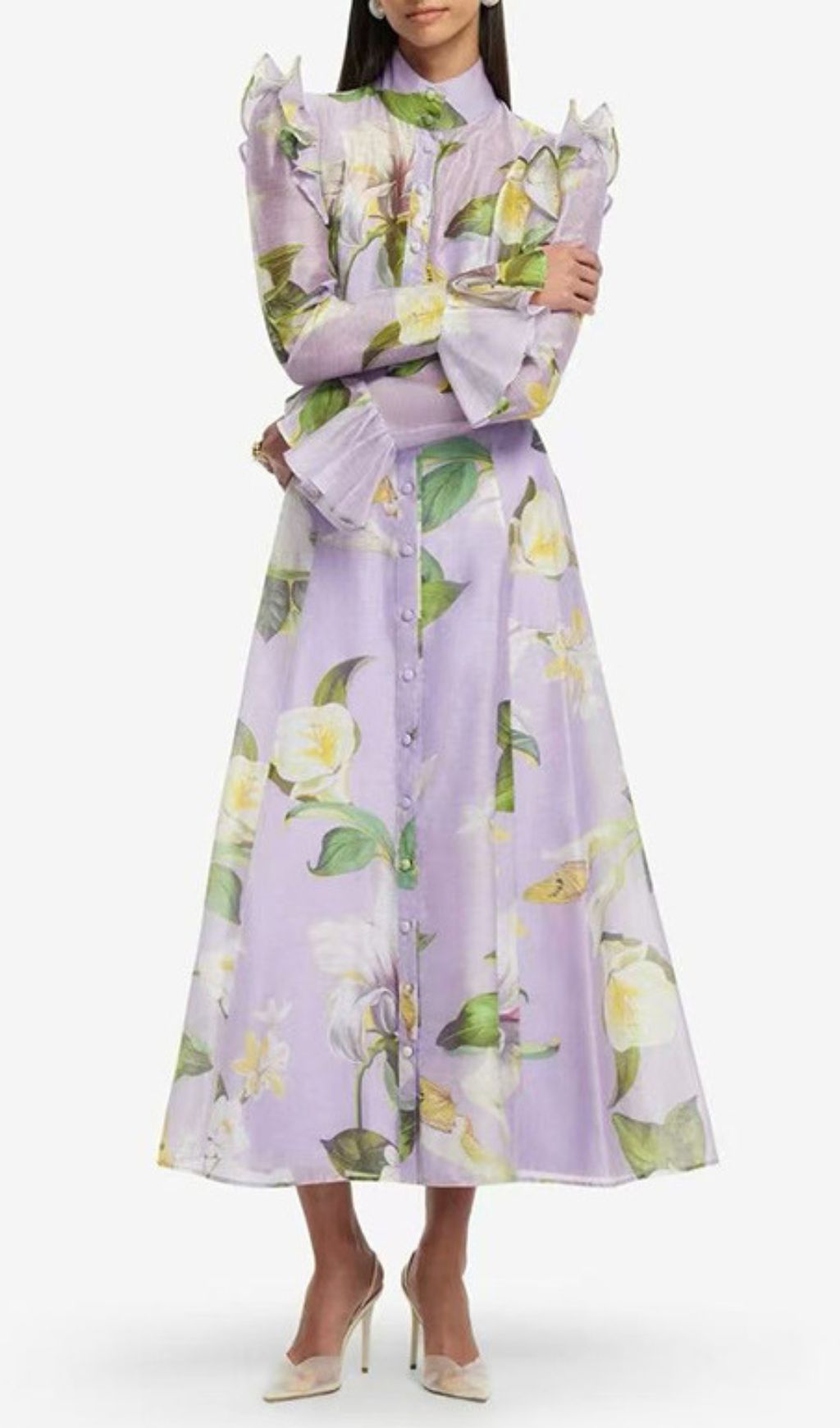 Isolda Lavender Floral Ruffled Midi Dress – Elegant Long Sleeve Button-Down