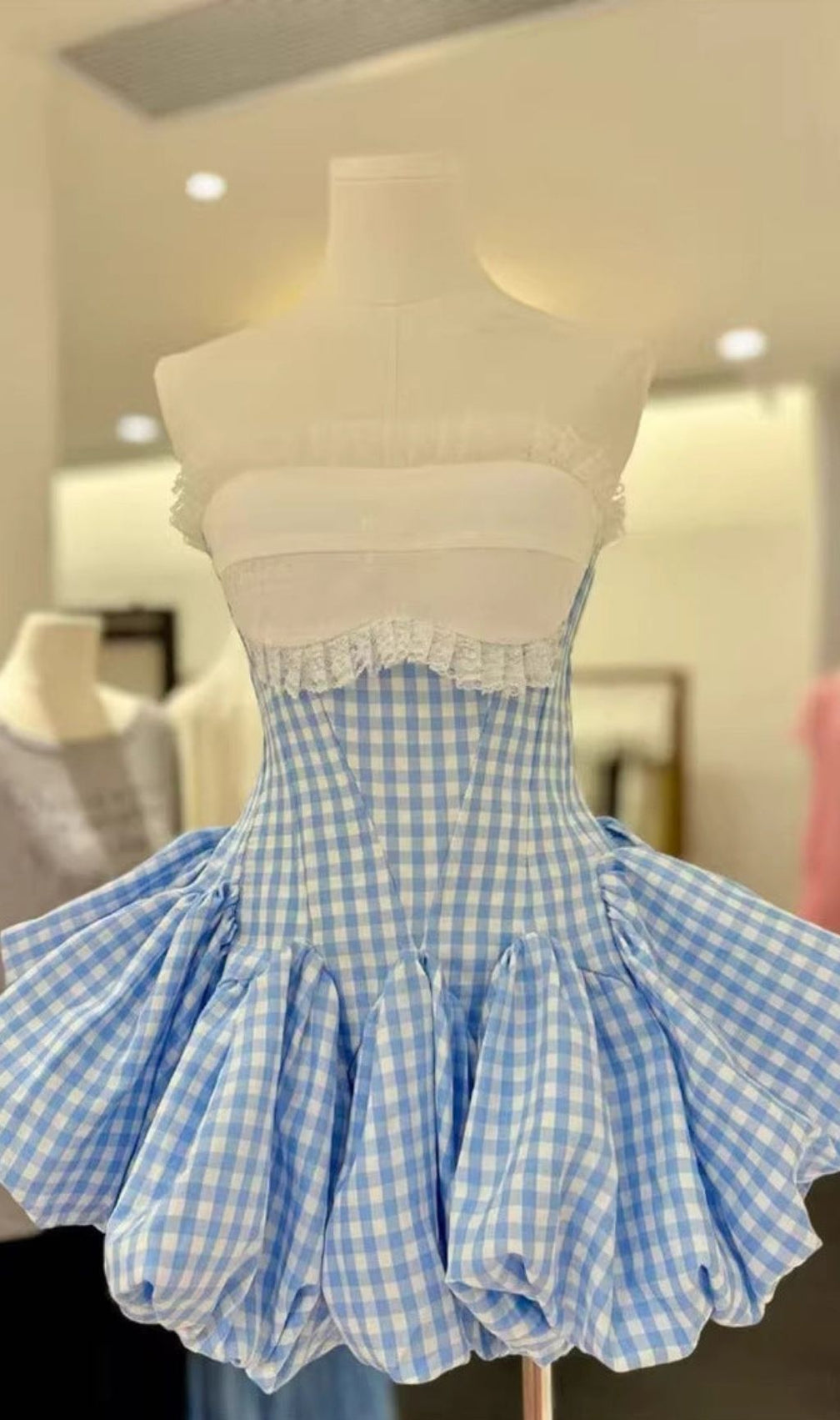 Stephanie Plaid Strapless Puffy Mini Dress - Blue