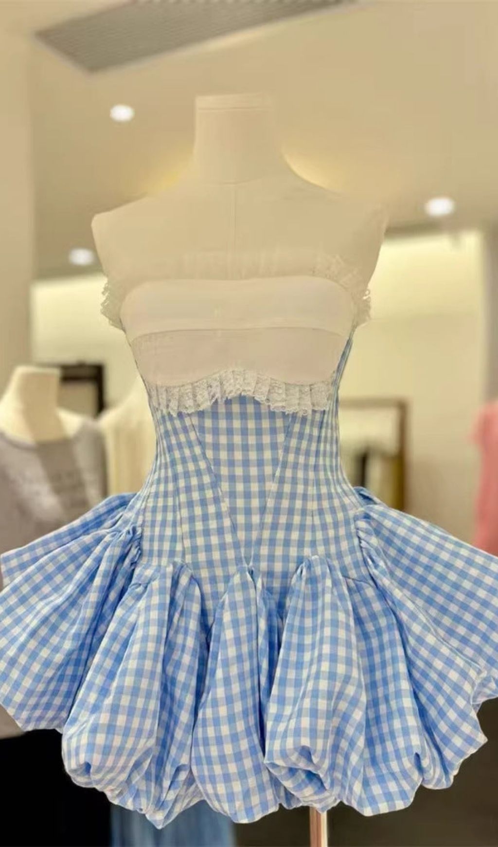 Stephanie Plaid Strapless Puffy Mini Dress - Blue