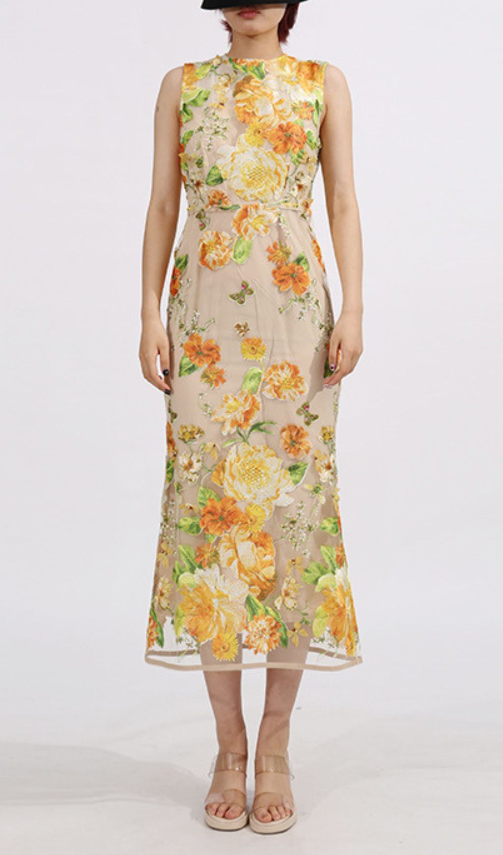 Elowen Yellow Sleeveless Flower Embroidery Midi Dress