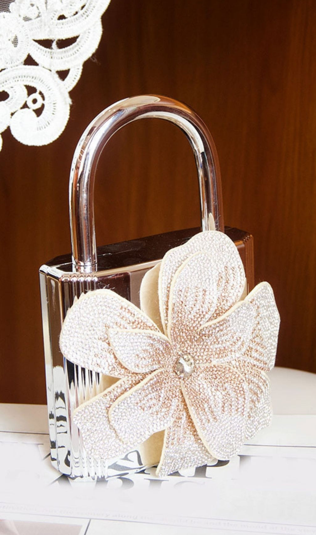 Khori Dazzling Silver Flower Diamante Evening Minaudiere Clutch