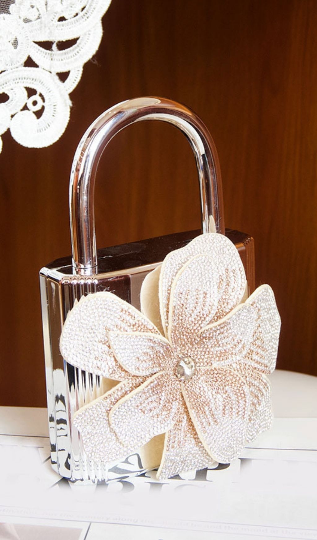 Khori Dazzling Silver Flower Diamante Evening Minaudiere Clutch
