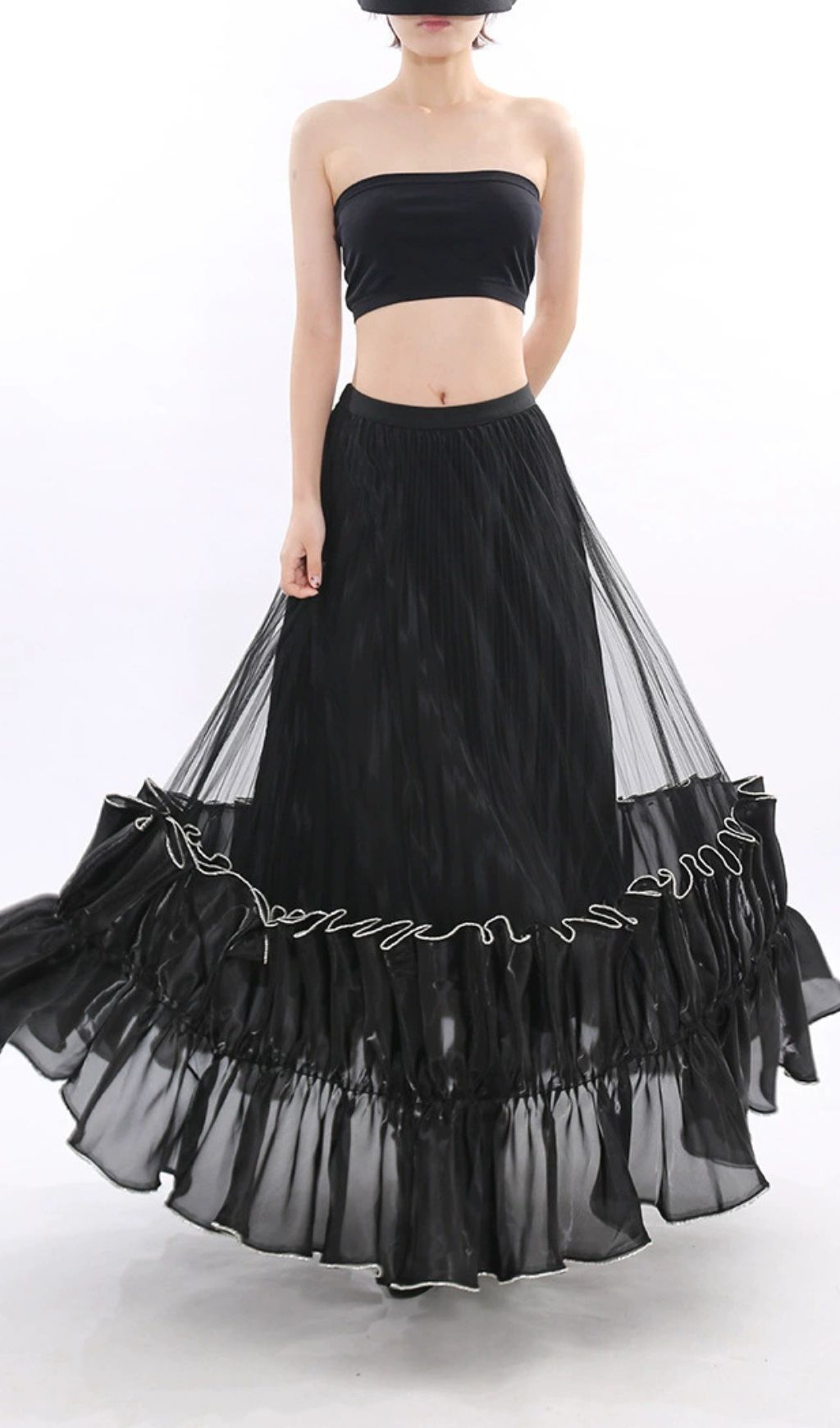 Jettie Black Sheer Mesh Maxi Skirt with Dramatic Ruffles