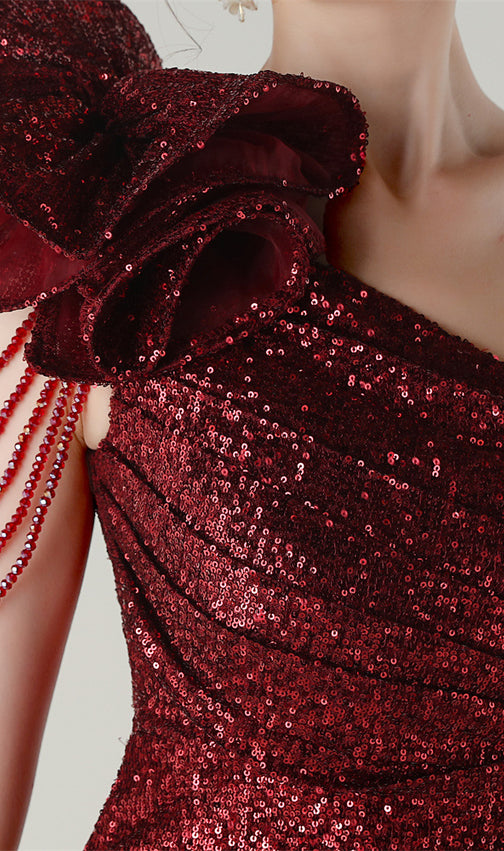 Ikia Glamorous Red Sequin One-Shoulder Maxi Dress with High Slit