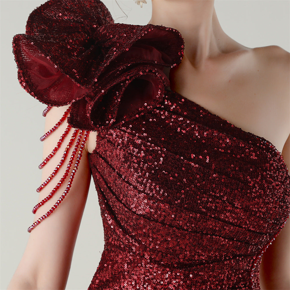 Ikia Glamorous Red Sequin One-Shoulder Maxi Dress with High Slit