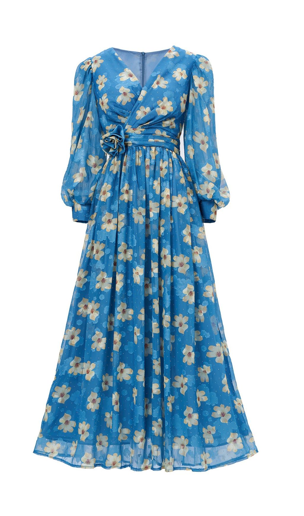 Feodora Blue Floral Printed Long Sleeve Maxi Dress