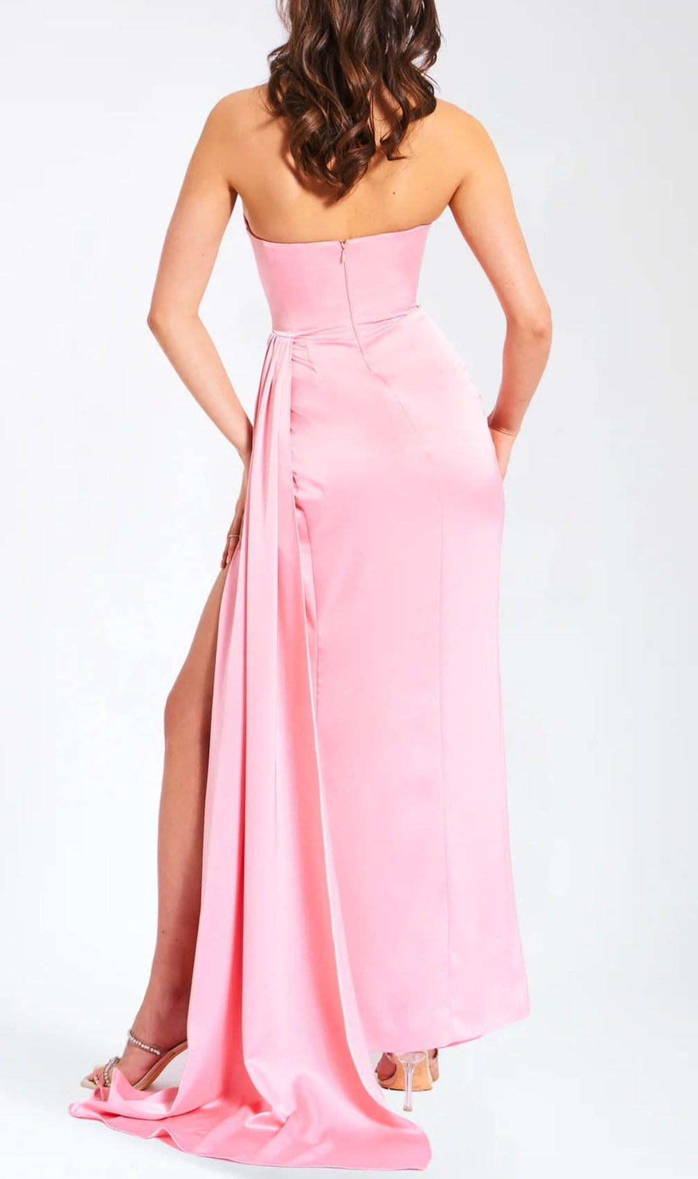 Aile Pink Satin Crystal Embellished Gown