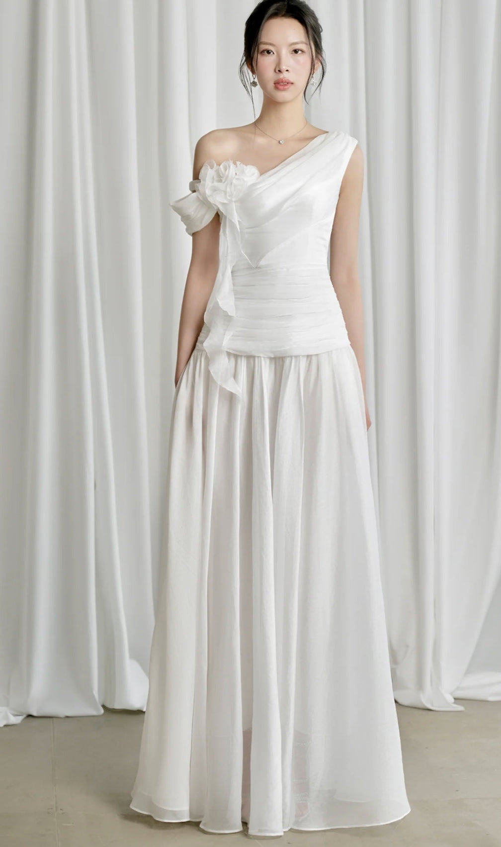 One-Shoulder 3D Flower Ruched Maxi Dress
