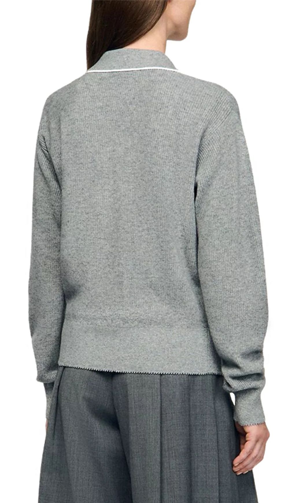 Berlin Chic Knit Polo Sweater with Contrast Piping | Women's Grey V-Neck Top