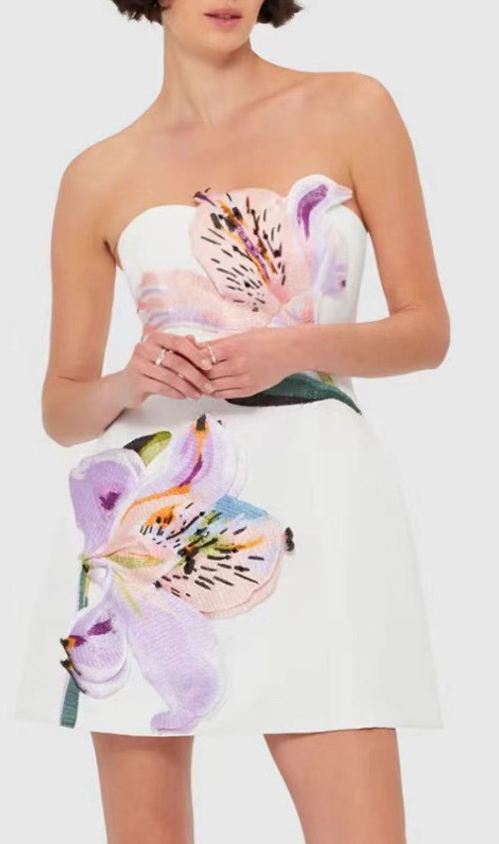 Huy White Strapless Mini Dress | 3D Floral Appliqué for Summer & Parties