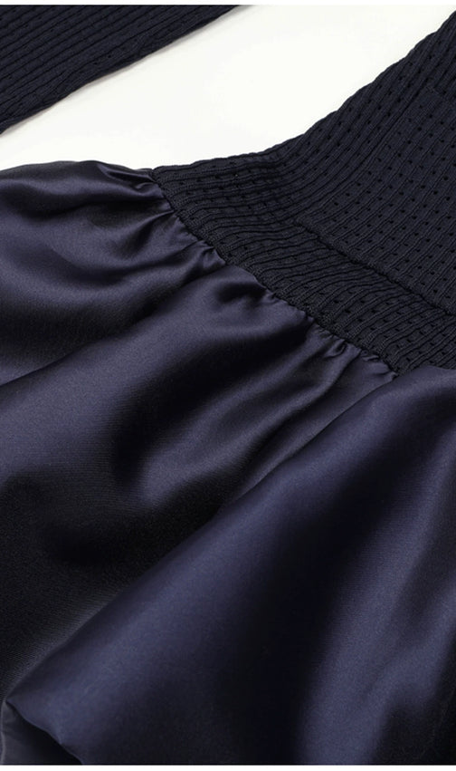 Kay Navy Long Sleeve Knit & Satin Mini Dress with Peter Pan Collar