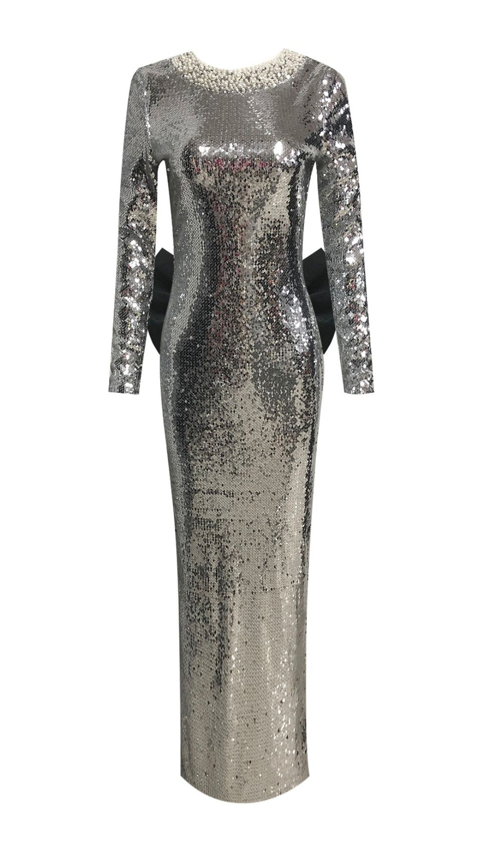 Jenesis Silver Sequin Bow Backless Maxi Dress