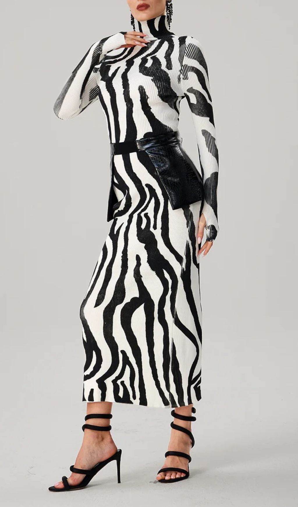 Farrux Zebra Print High-Neck Bodycon Maxi Dress - Fierce & Chic Knit