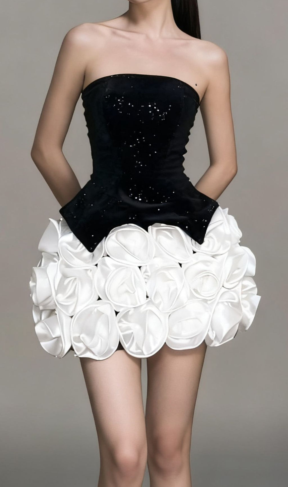 Ilithya Chic Strapless Velvet Sequin Top & 3D Flower Mini Skirt Set