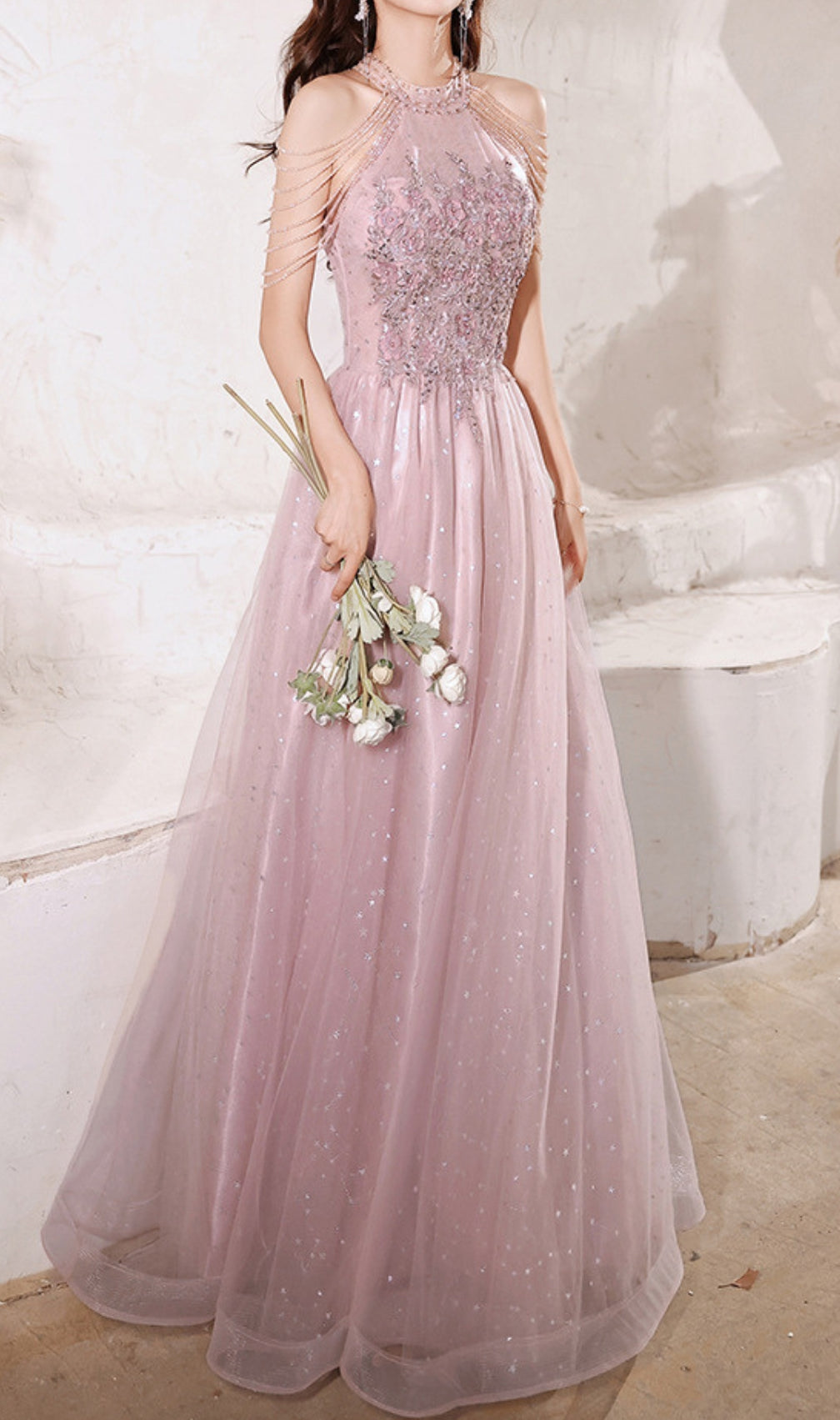 Cleon Halter Flower Sequin Maxi Dress