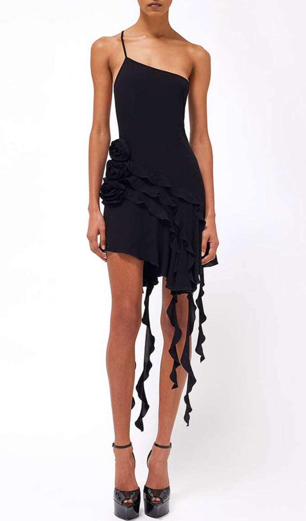Rose-Detail Ruffled Mini Dress In Black