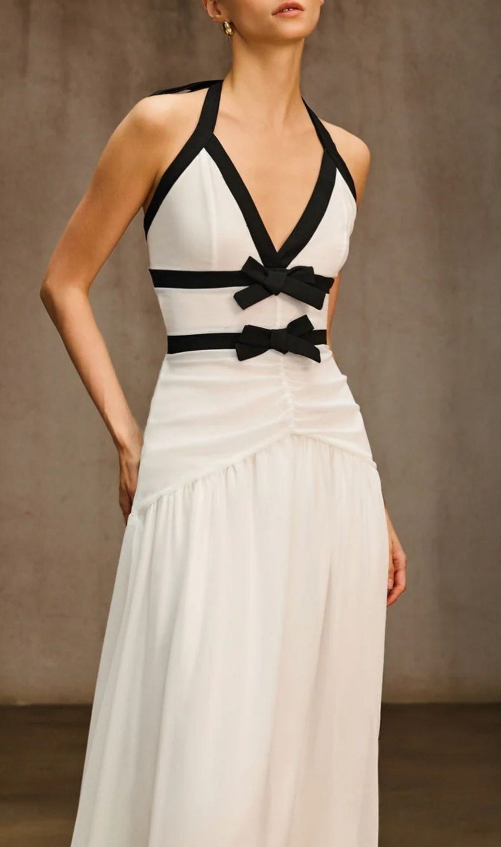 Ovelixor V Neck Bow Ruched Maxi Dress