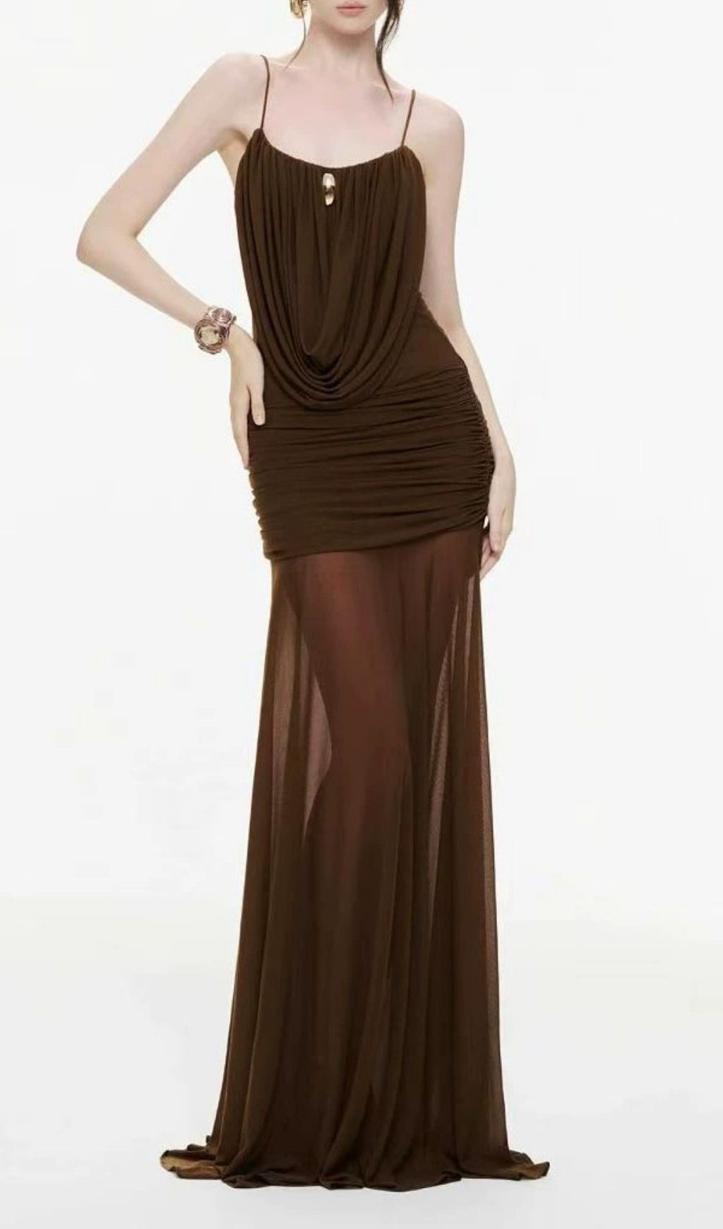 Lapis Coffee Strappy Draped Maxi Dress