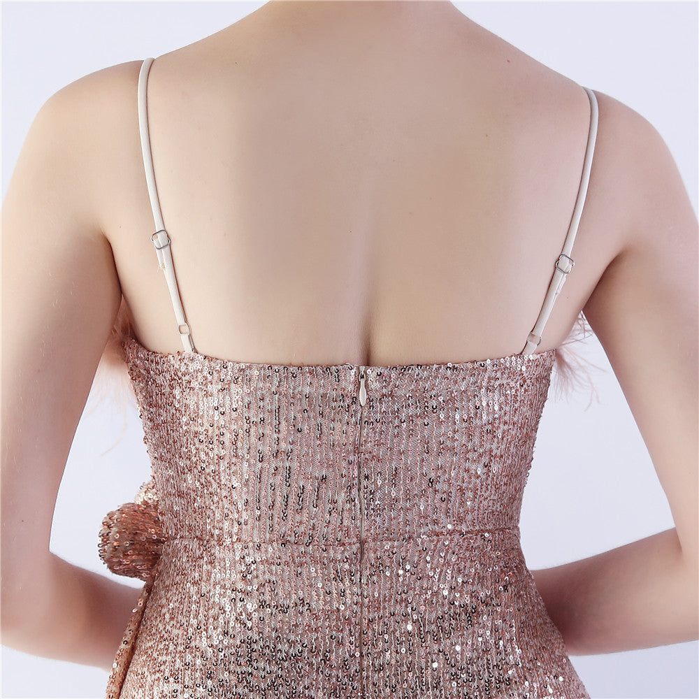 Chroma Gold Sequin Flower Feather Maxi Dress