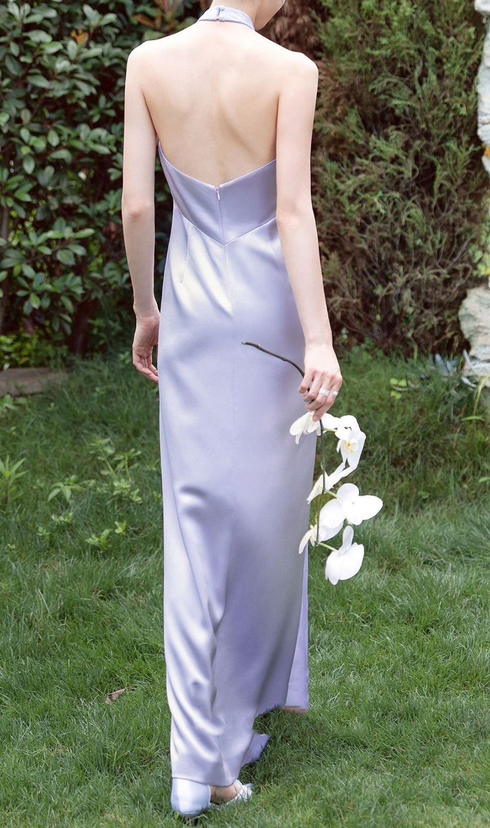 Karima Lilac Halter Ruched Maxi Dress | Elegant Satin Gown