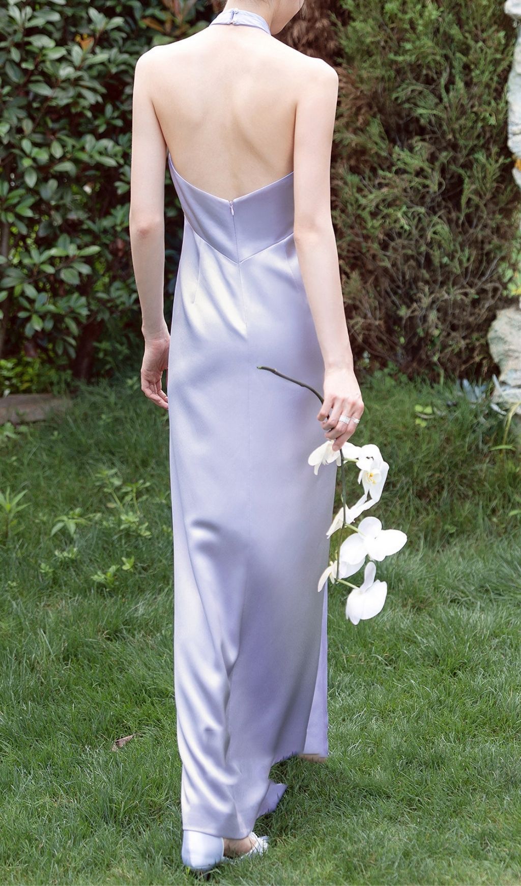 Karima Lilac Halter Ruched Maxi Dress | Elegant Satin Gown
