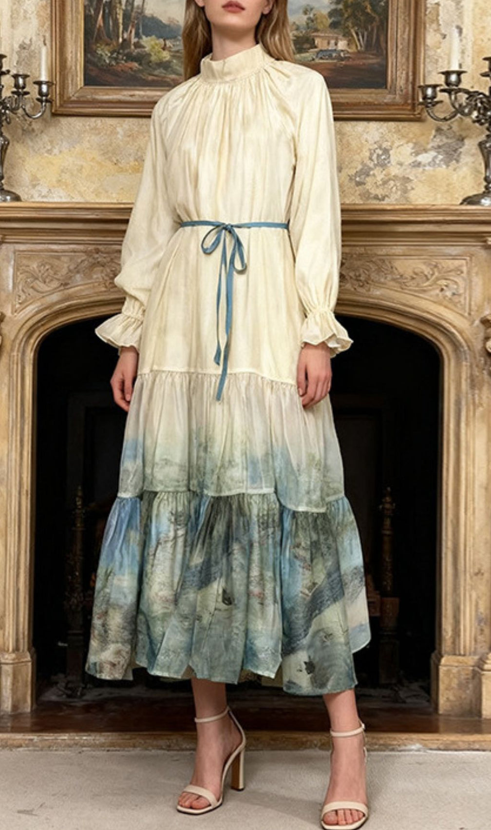 Illeana Meadow Print Long Sleeve Midi Dress - Artistic Elegance