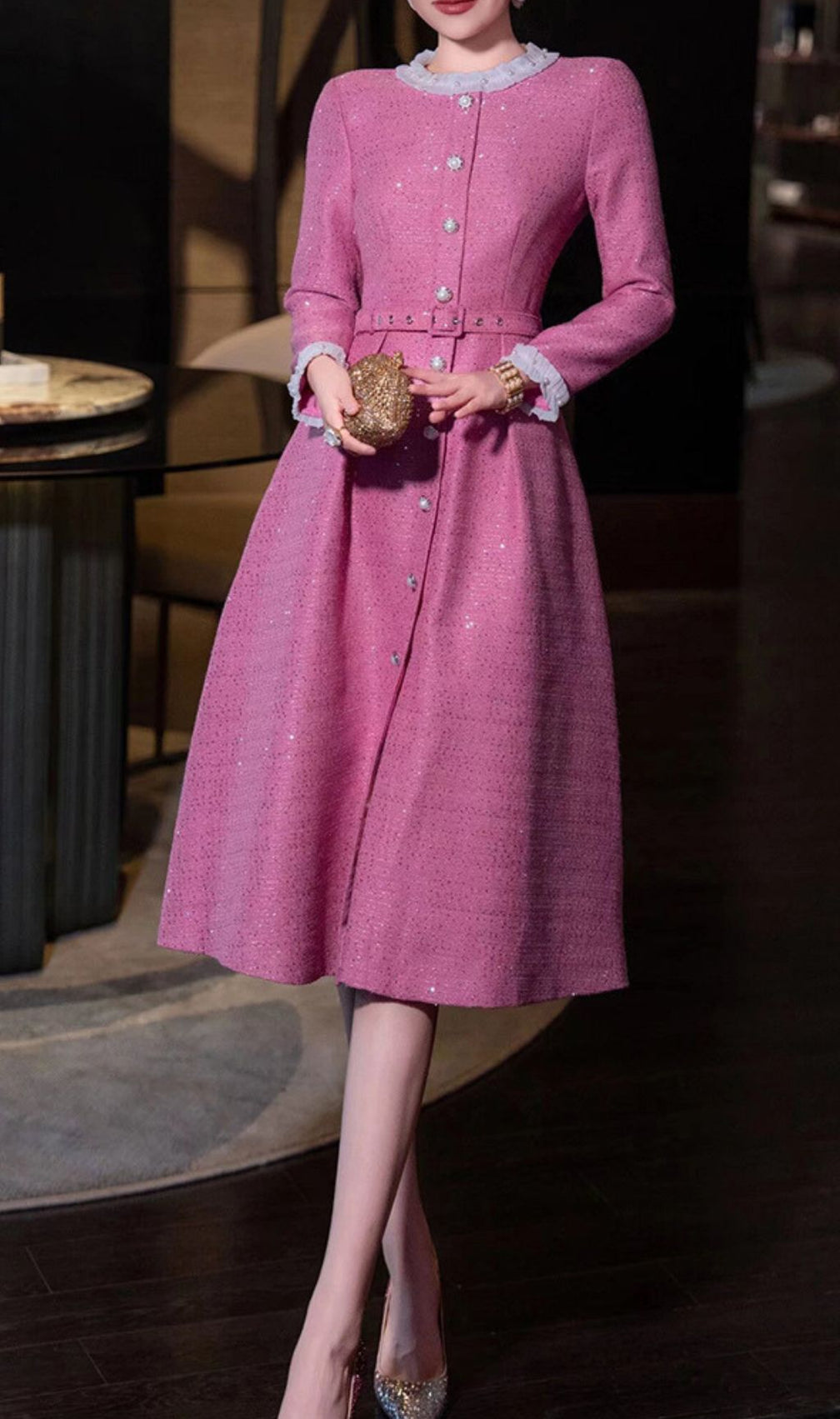 Hong Pink Long Sleeve Midi Dress