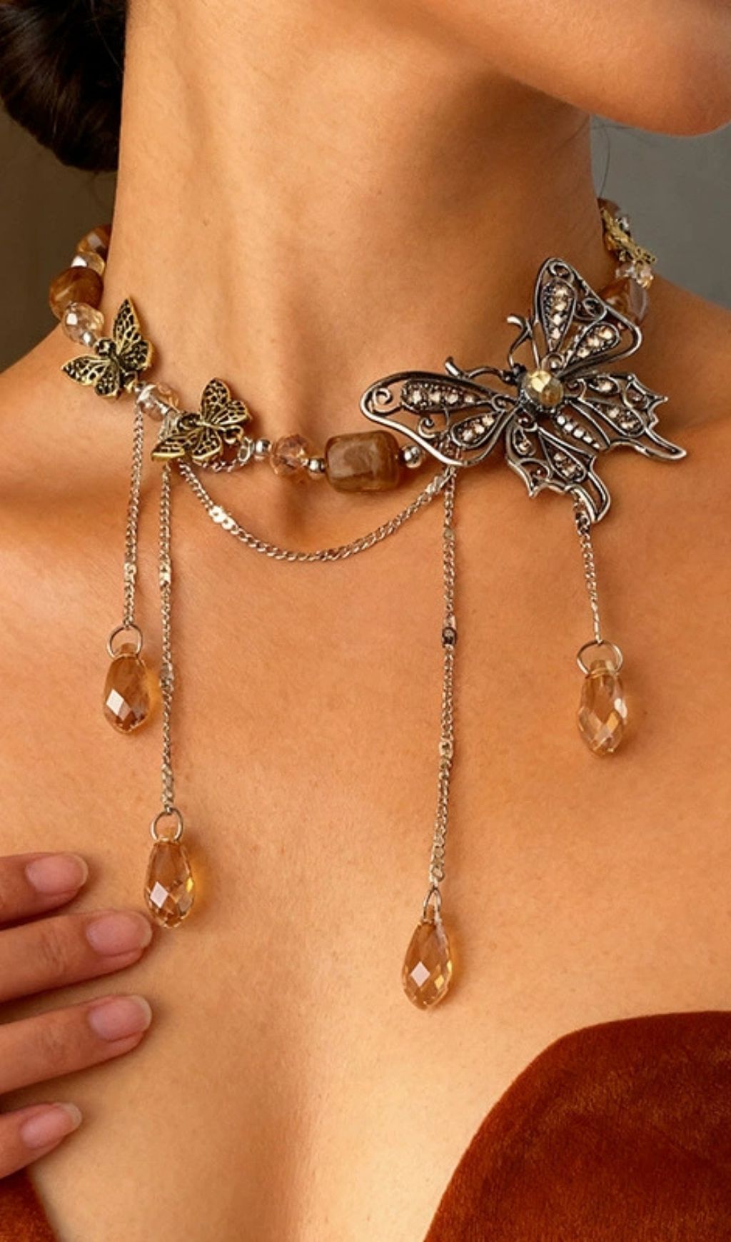 Khaza Chic Butterfly Teardrop Tassel Choker Necklace