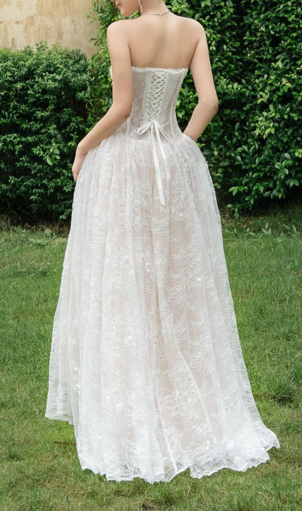 Keilani Elegant White Strapless Lace Maxi Dress | Butterfly Applique Bridal Gown