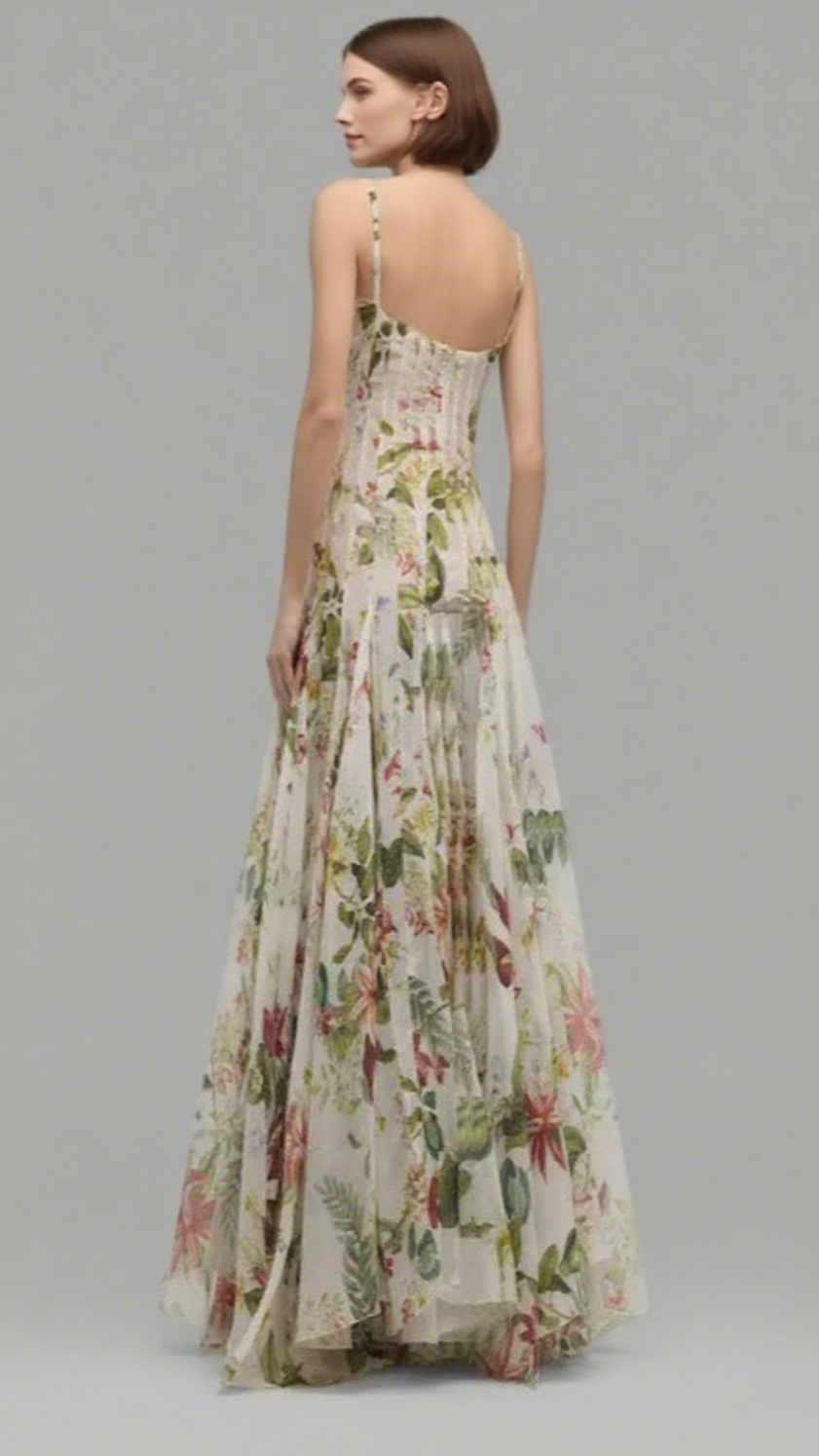 multicolor floral print fauna gazar gown