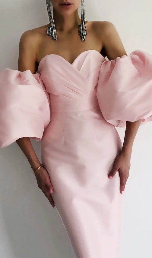 Off Shoulder Backless Puff Sleeves Midi Dress
