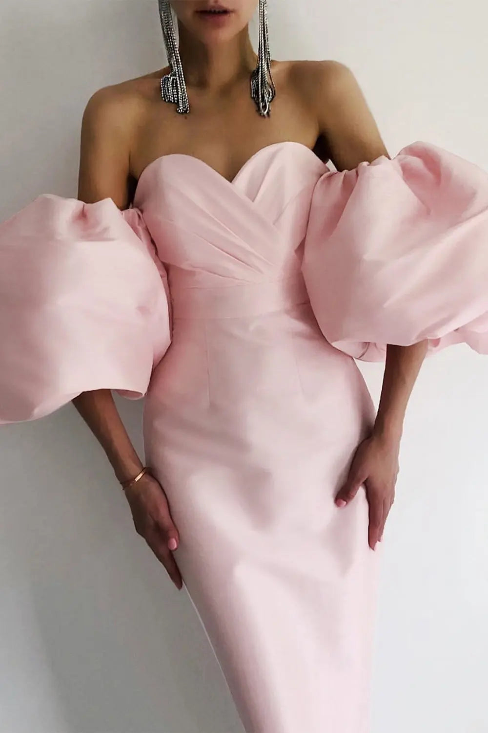 Off Shoulder Backless Puff Sleeves Midi Dress