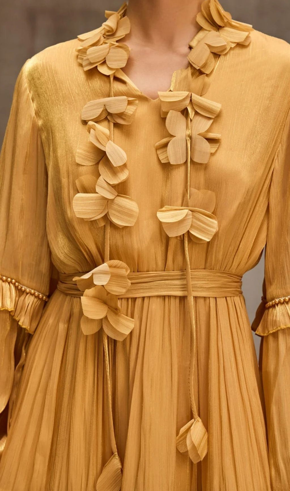 Dzon Luxe Golden Tiered Midi Dress with 3D Floral Appliques & Ruffles