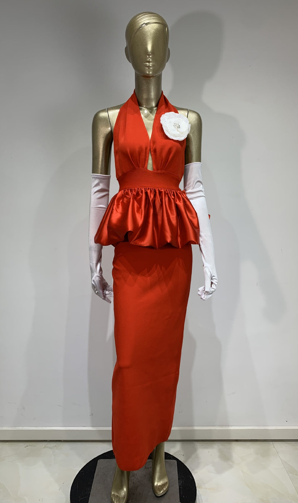 Clor Red Halter Flower Bandage Maxi Dress