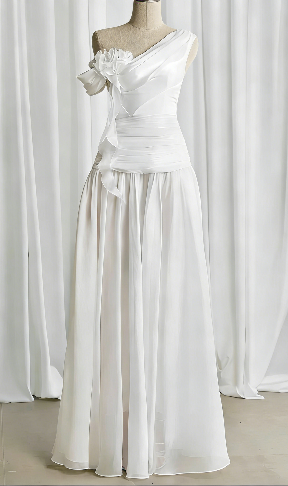 One-Shoulder 3D Flower Ruched Maxi Dress