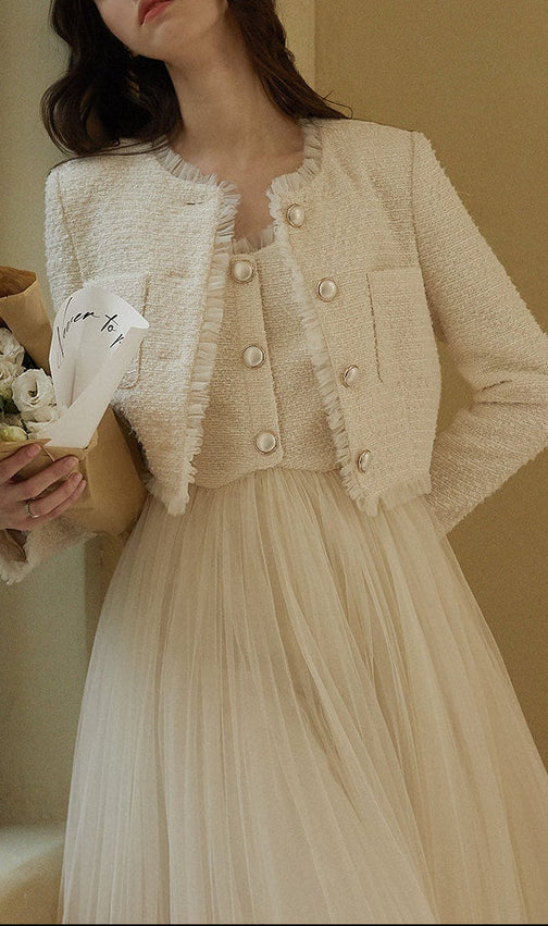 Soft Cream Textured Tweed Cropped Blazer with Ruffle Trim and Pearl Buttons