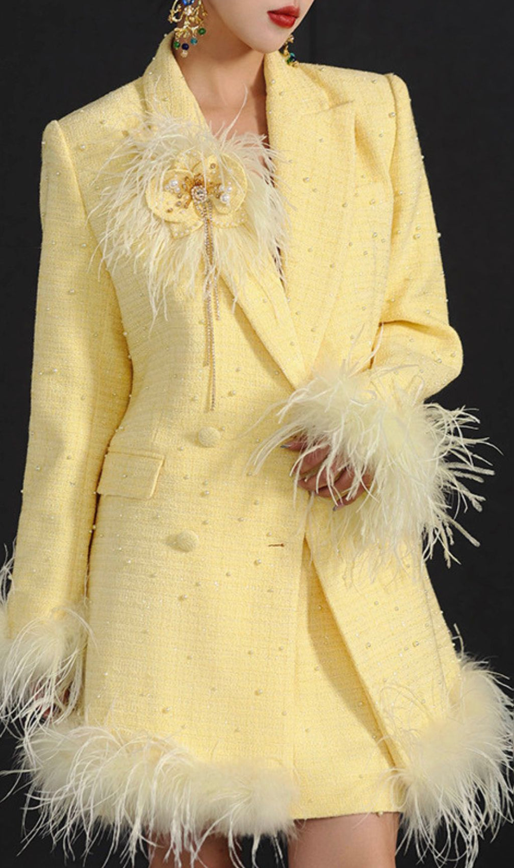Hiba Luxe Yellow Tweed Feather Embellished Blazer Jacket