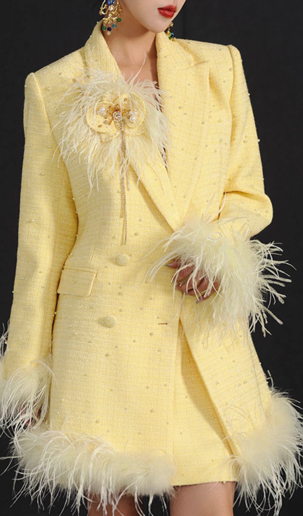 Hiba Luxe Yellow Tweed Feather Embellished Blazer Jacket