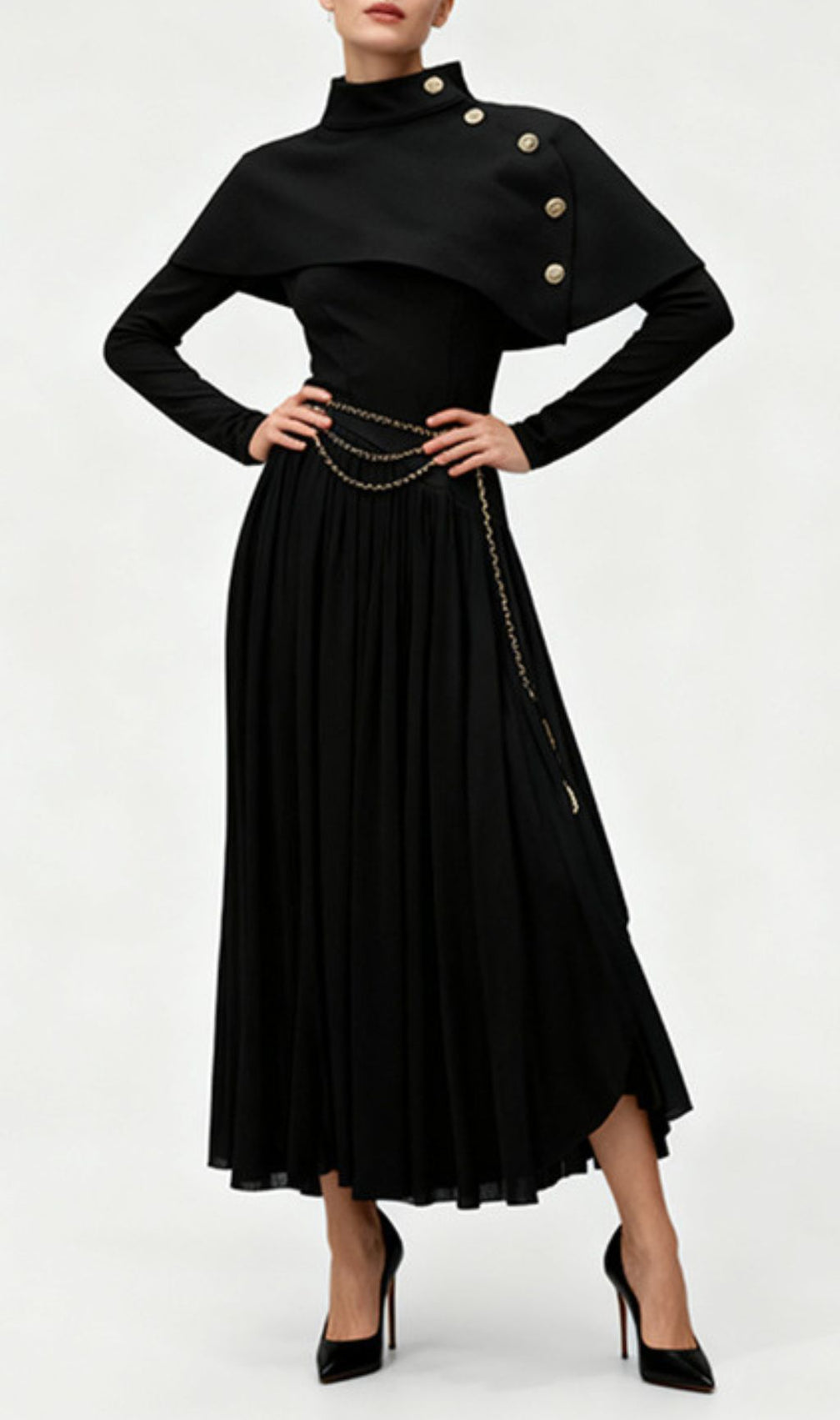 Jairo Black Asymmetrical Capelet Midi Dress - Elegant Long Sleeve Style